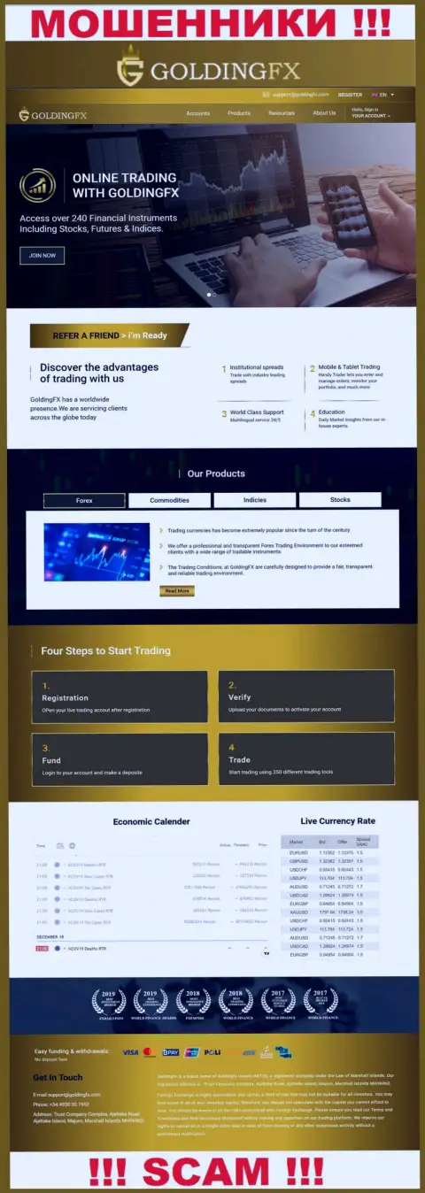 Официальный портал мошенников GoldingFX, заполненный инфой для лохов