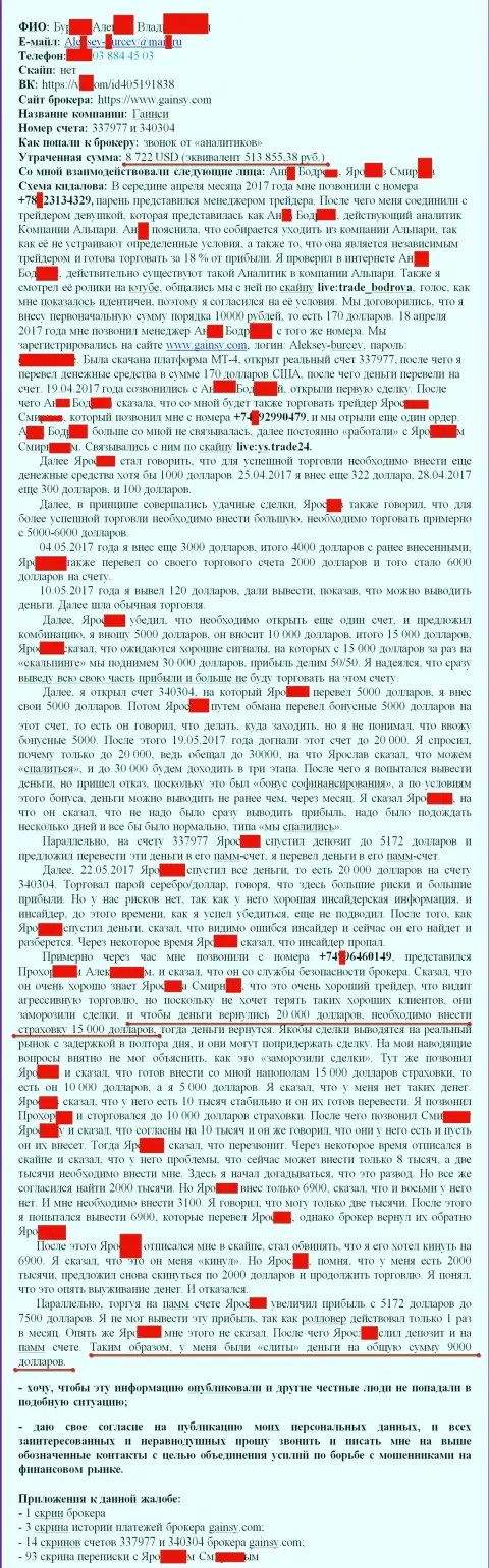 Гаинси - это МОШЕННИКИ !!! Обули очередного форекс трейдера на 15000 российских рублей